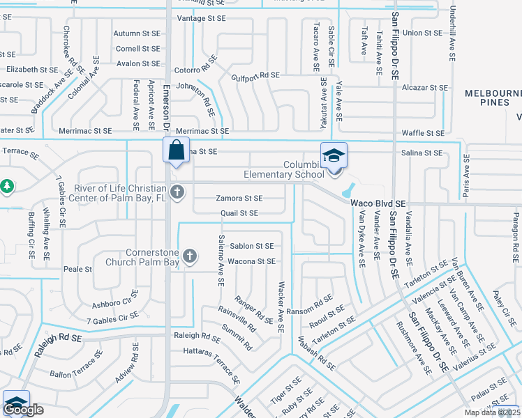 map of restaurants, bars, coffee shops, grocery stores, and more near 1021 Quail Street Southeast in Palm Bay