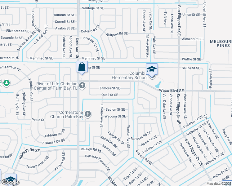 map of restaurants, bars, coffee shops, grocery stores, and more near 1021 Quail Street Southeast in Palm Bay