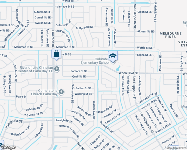 map of restaurants, bars, coffee shops, grocery stores, and more near 1268 Zander Avenue Southeast in Palm Bay