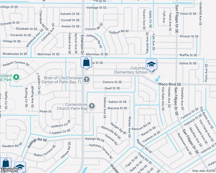 map of restaurants, bars, coffee shops, grocery stores, and more near 975 Quail Street Southeast in Palm Bay