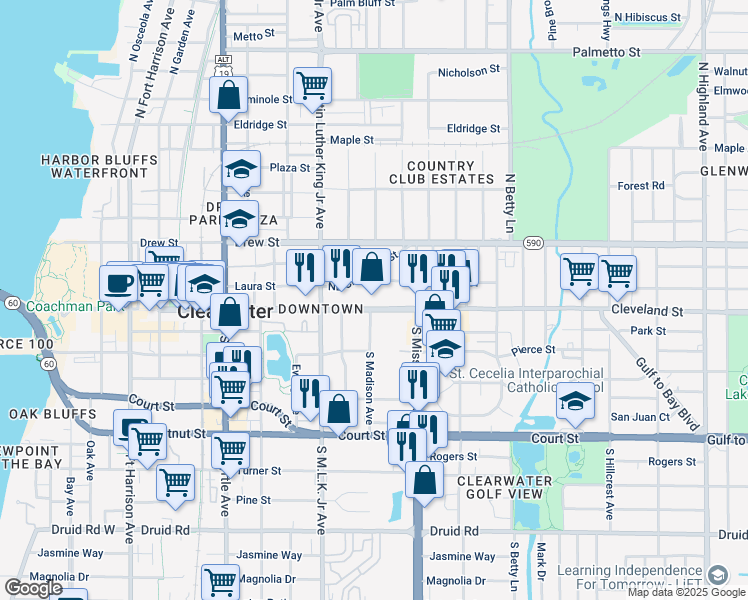 map of restaurants, bars, coffee shops, grocery stores, and more near 1150 Cleveland Street in Clearwater