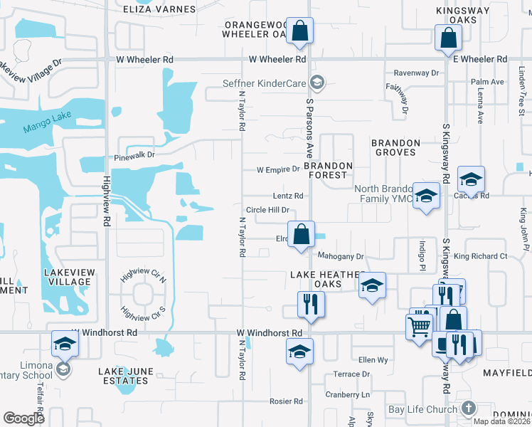 map of restaurants, bars, coffee shops, grocery stores, and more near 207 Circle Hill Drive in Brandon