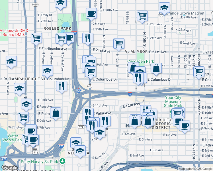 map of restaurants, bars, coffee shops, grocery stores, and more near 1001 East 15th Avenue in Tampa