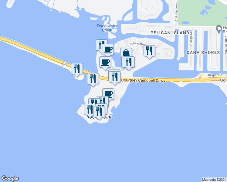 map of restaurants, bars, coffee shops, grocery stores, and more near 5107 Bay Club Circle in Tampa