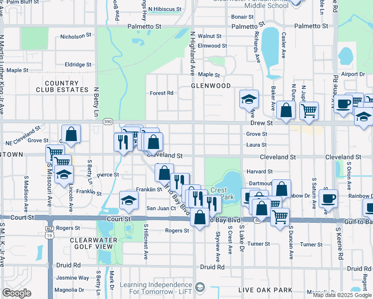 map of restaurants, bars, coffee shops, grocery stores, and more near 1483 Laura Street in Clearwater