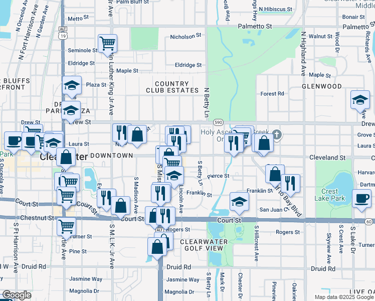map of restaurants, bars, coffee shops, grocery stores, and more near 1252 Cleveland Street in Clearwater