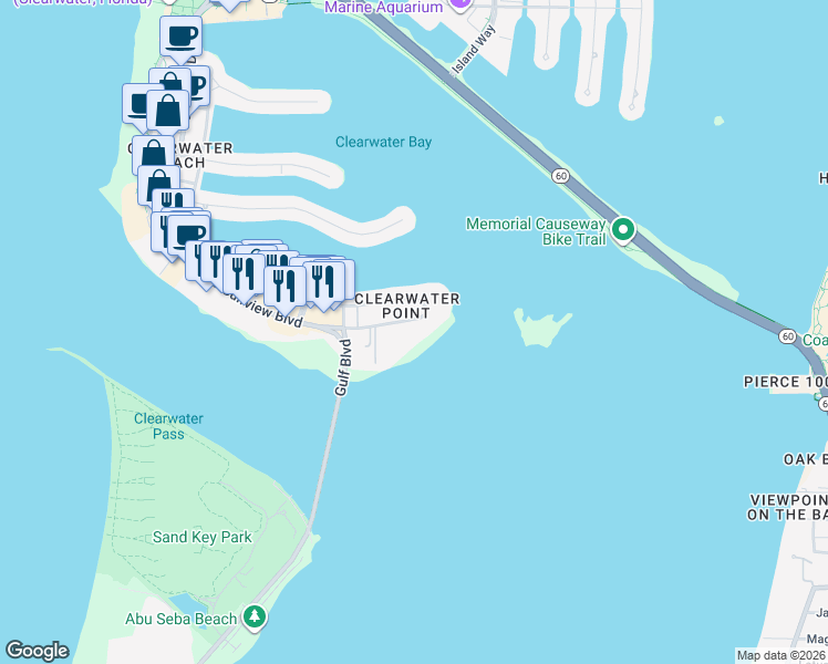 map of restaurants, bars, coffee shops, grocery stores, and more near 865 South Gulfview Boulevard in Clearwater