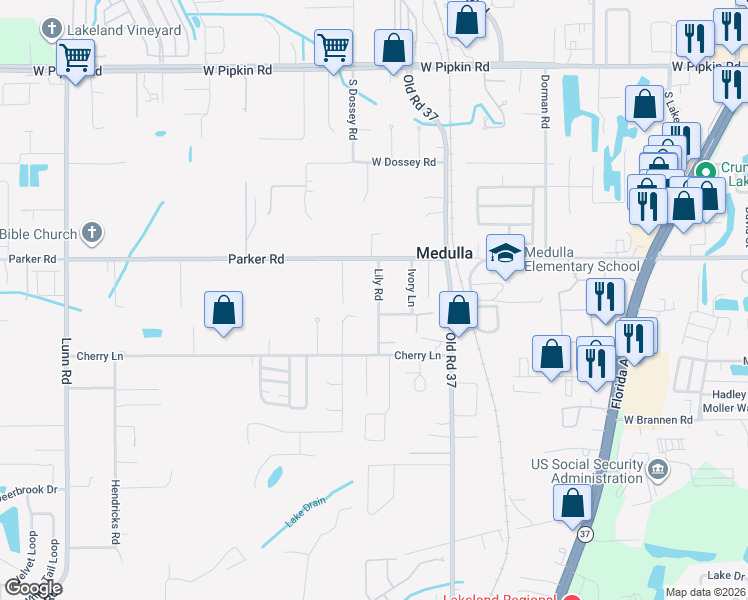 map of restaurants, bars, coffee shops, grocery stores, and more near 5445 Lily Road in Lakeland