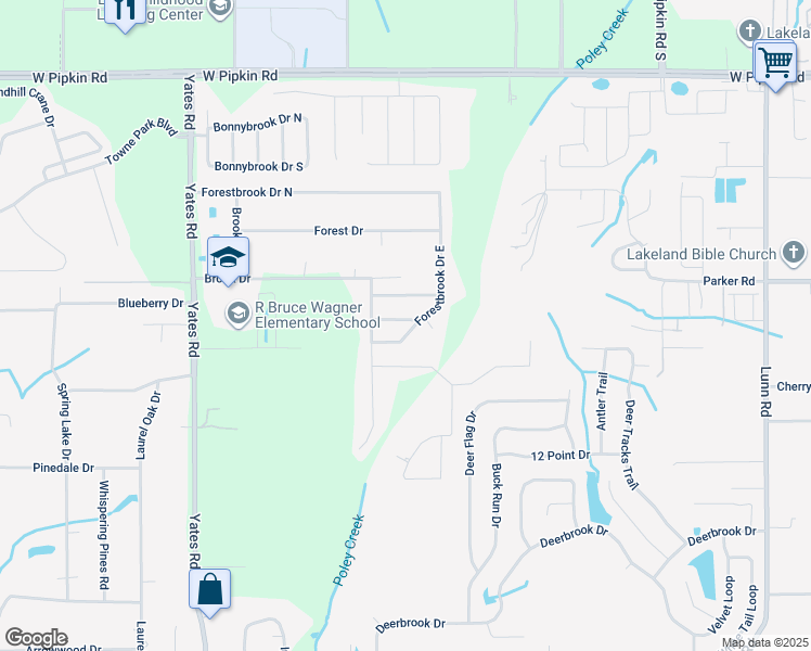 map of restaurants, bars, coffee shops, grocery stores, and more near 2888 Southbrook Lane in Lakeland