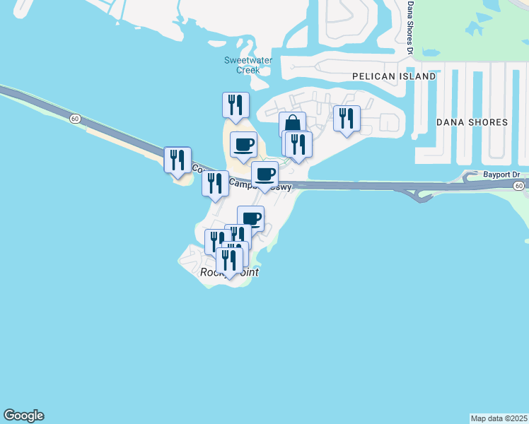 map of restaurants, bars, coffee shops, grocery stores, and more near 5107 Bay Club Circle in Tampa