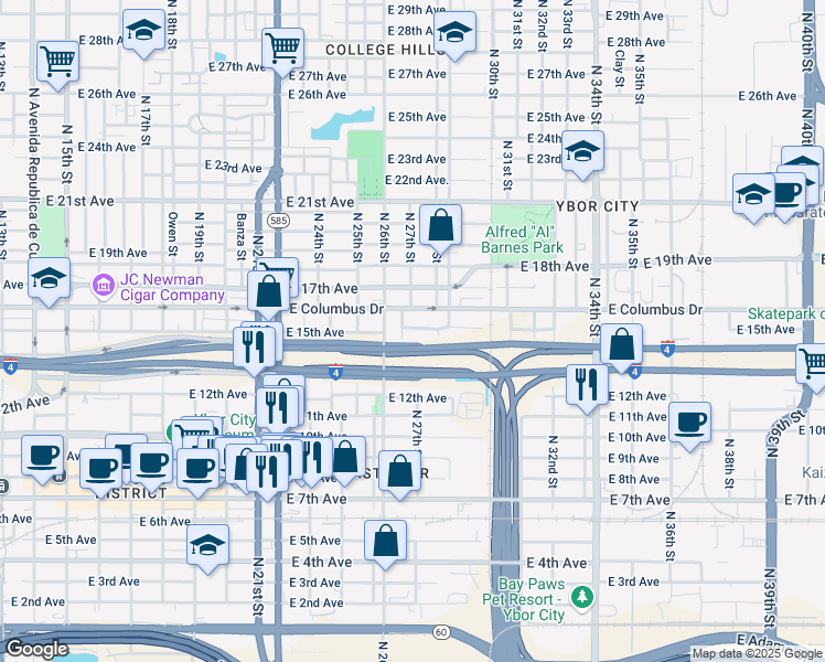 map of restaurants, bars, coffee shops, grocery stores, and more near 2709 East 15th Avenue in Tampa