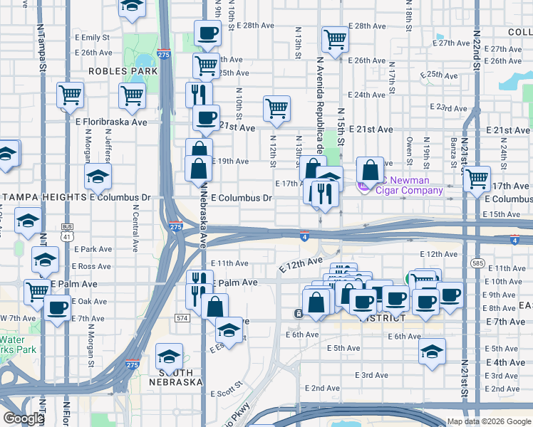 map of restaurants, bars, coffee shops, grocery stores, and more near 1019 East 15th Avenue in Tampa