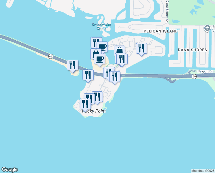 map of restaurants, bars, coffee shops, grocery stores, and more near 5310 Bay Club Circle in Tampa