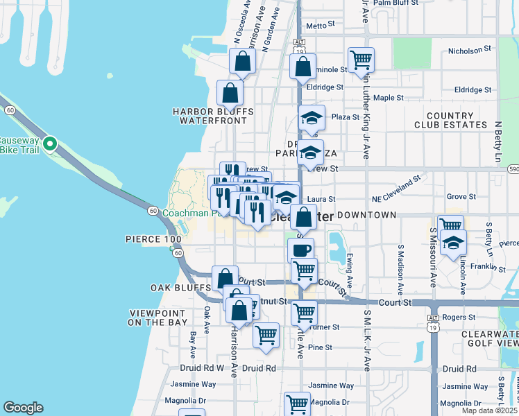 map of restaurants, bars, coffee shops, grocery stores, and more near 600 Cleveland Street in Clearwater