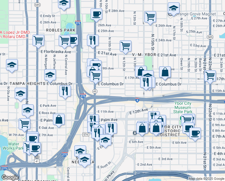 map of restaurants, bars, coffee shops, grocery stores, and more near 1001 East 15th Avenue in Tampa