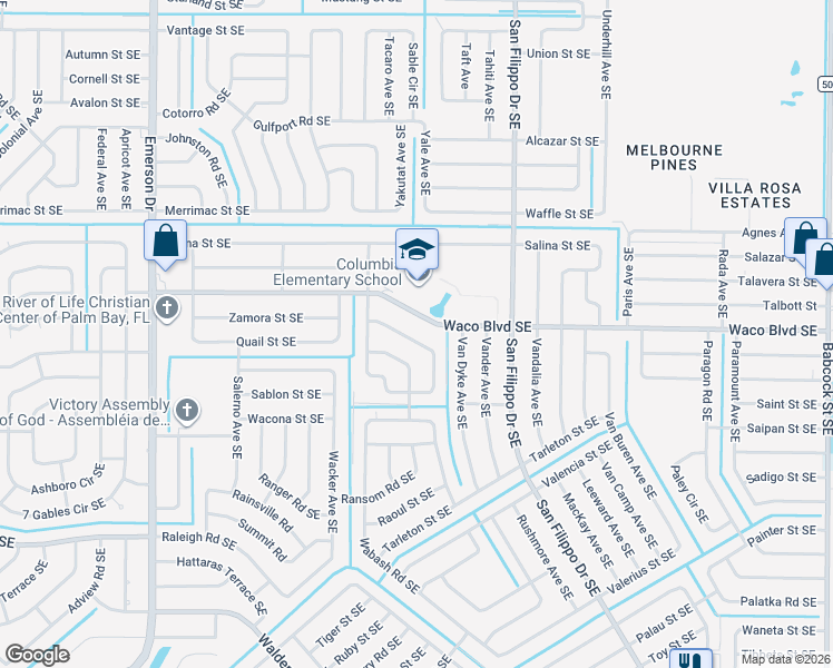 map of restaurants, bars, coffee shops, grocery stores, and more near 1287 Packer Road Southeast in Palm Bay