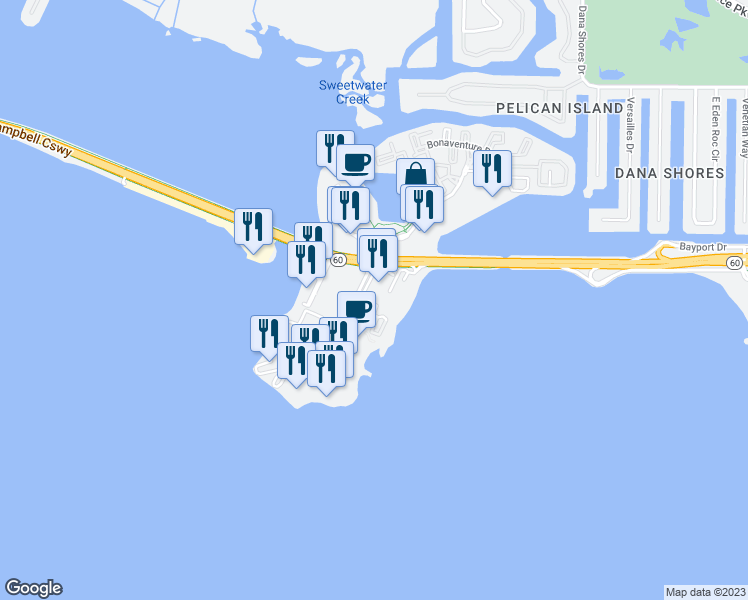 map of restaurants, bars, coffee shops, grocery stores, and more near 5107 Bay Club Circle in Tampa