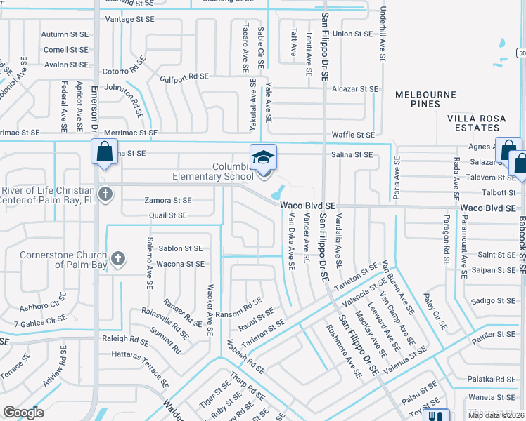 map of restaurants, bars, coffee shops, grocery stores, and more near 1287 Packer Road Southeast in Palm Bay