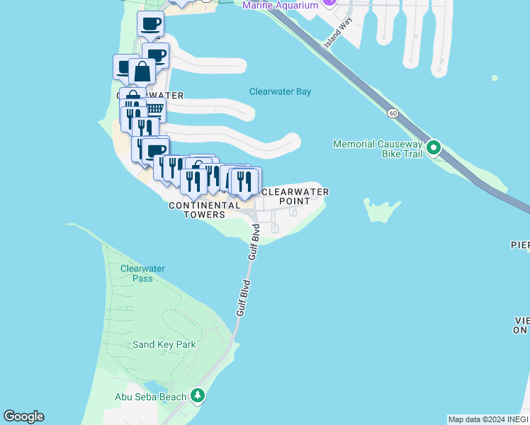 map of restaurants, bars, coffee shops, grocery stores, and more near 805 South Gulfview Boulevard in Clearwater