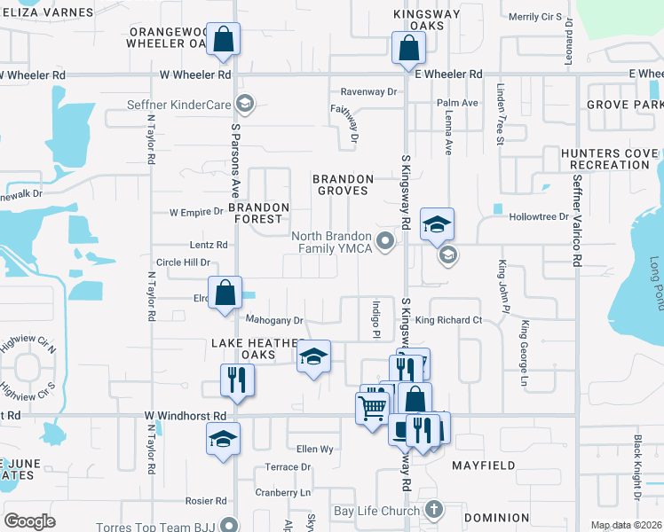 map of restaurants, bars, coffee shops, grocery stores, and more near 224 Parsons Woods Drive in Seffner
