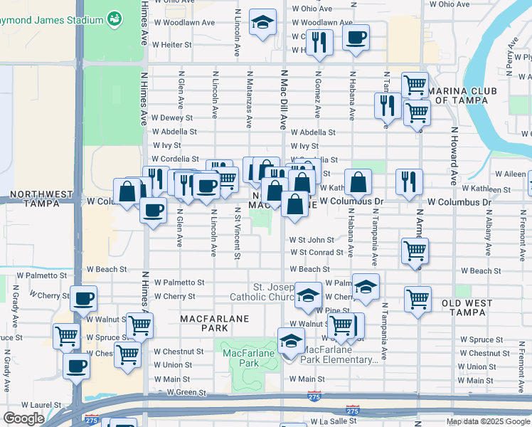 map of restaurants, bars, coffee shops, grocery stores, and more near 3201 West Saint Joseph Street in Tampa