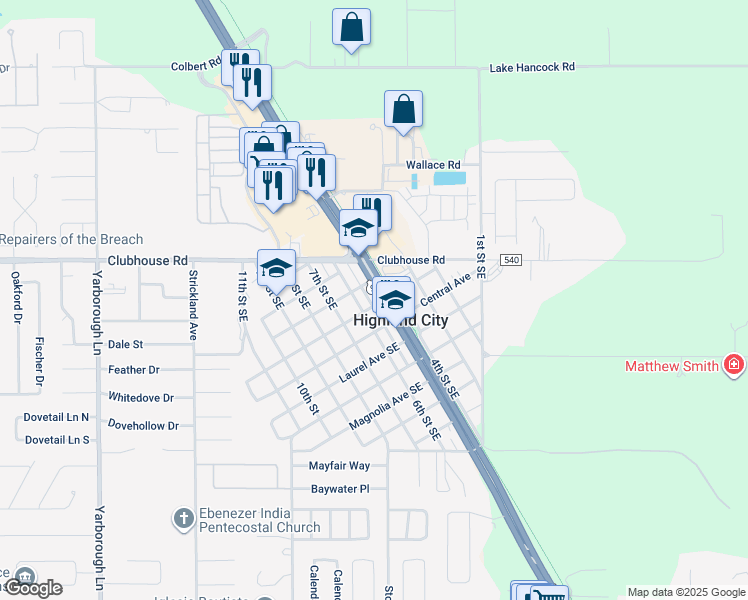 map of restaurants, bars, coffee shops, grocery stores, and more near 5421 Bartow Road in Lakeland