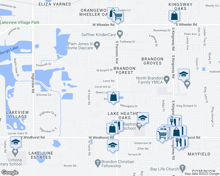 map of restaurants, bars, coffee shops, grocery stores, and more near 111 Circle Hill Drive in Brandon