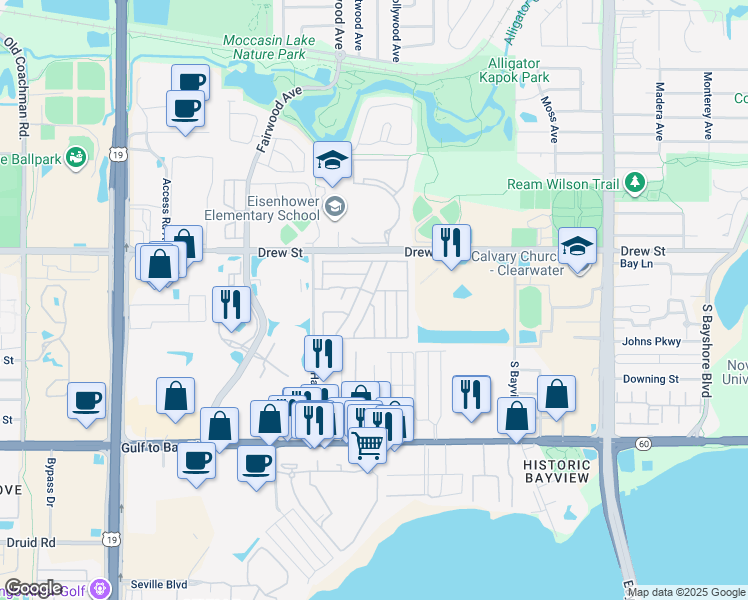 map of restaurants, bars, coffee shops, grocery stores, and more near 103 Bahama Lane in Clearwater