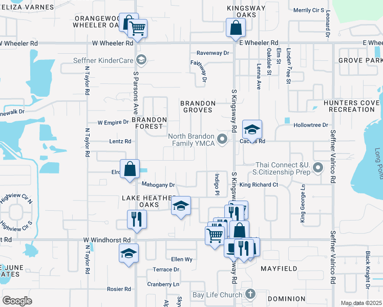 map of restaurants, bars, coffee shops, grocery stores, and more near 224 Parsons Woods Drive in Seffner