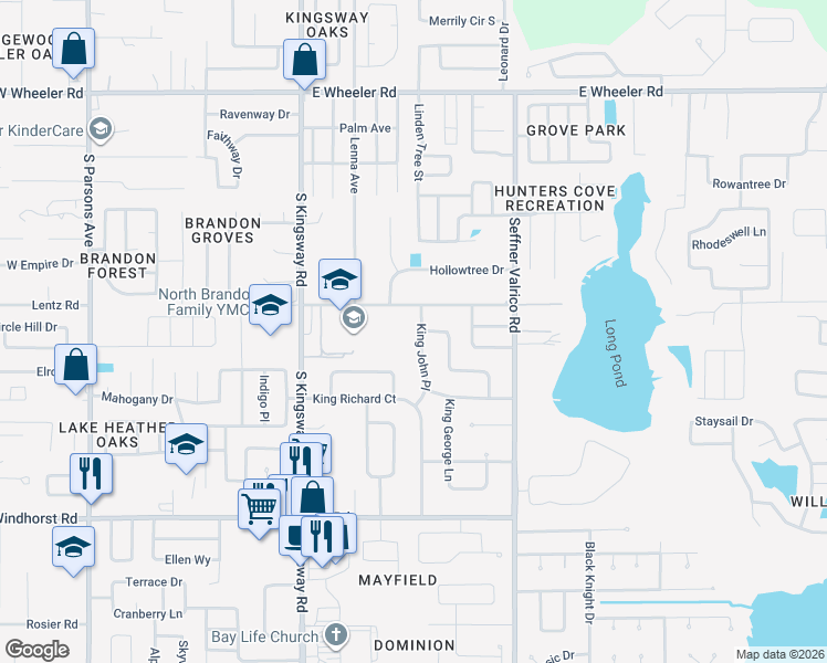 map of restaurants, bars, coffee shops, grocery stores, and more near 3007 King John Place in Seffner