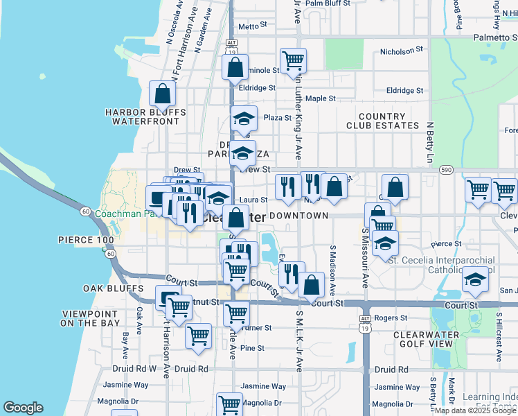 map of restaurants, bars, coffee shops, grocery stores, and more near 908 Cleveland Street in Clearwater