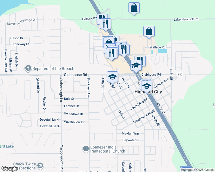 map of restaurants, bars, coffee shops, grocery stores, and more near 5355 Southeast 9th Street in Highland City