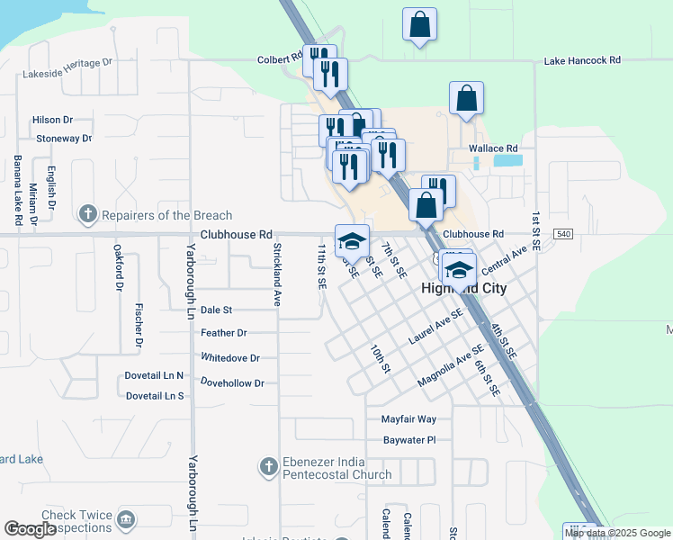 map of restaurants, bars, coffee shops, grocery stores, and more near 5355 Southeast 9th Street in Highland City