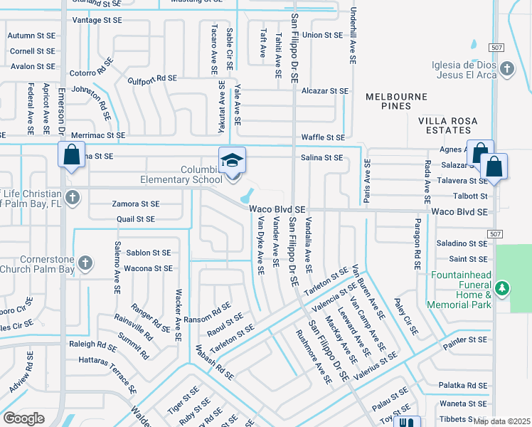 map of restaurants, bars, coffee shops, grocery stores, and more near 1256 Waco Boulevard Southeast in Palm Bay
