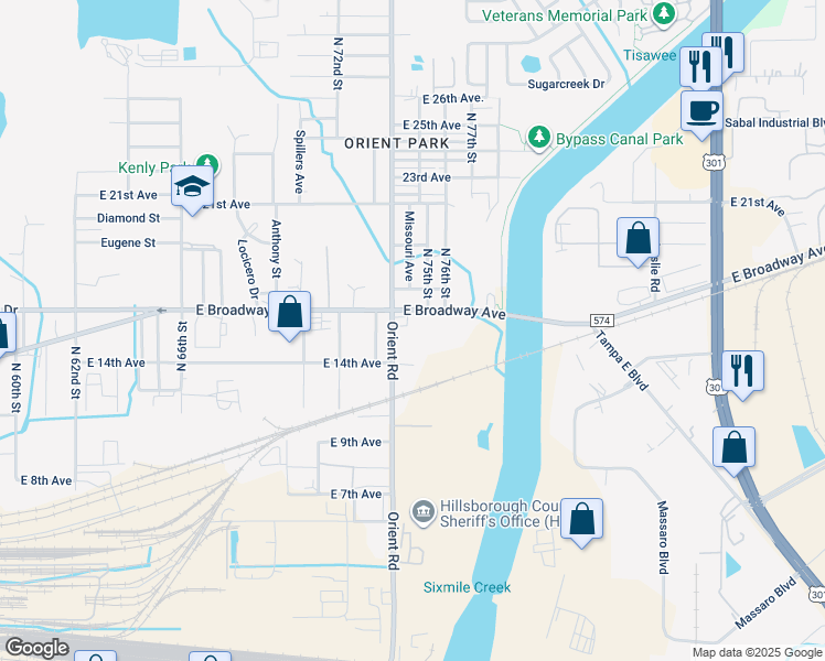 map of restaurants, bars, coffee shops, grocery stores, and more near 7409 East Broadway Avenue in Tampa