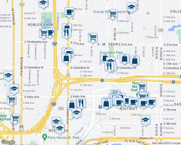 map of restaurants, bars, coffee shops, grocery stores, and more near 1021 East 15th Avenue in Tampa