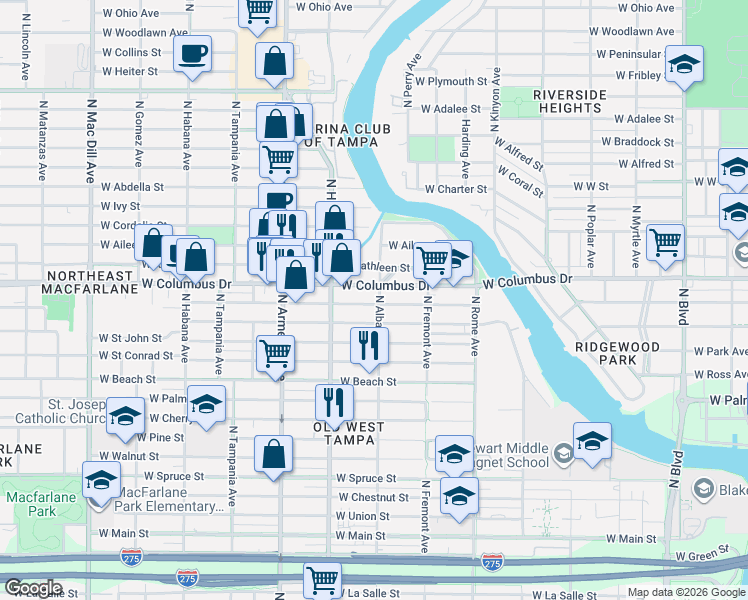 map of restaurants, bars, coffee shops, grocery stores, and more near 2901 North Albany Avenue in Tampa