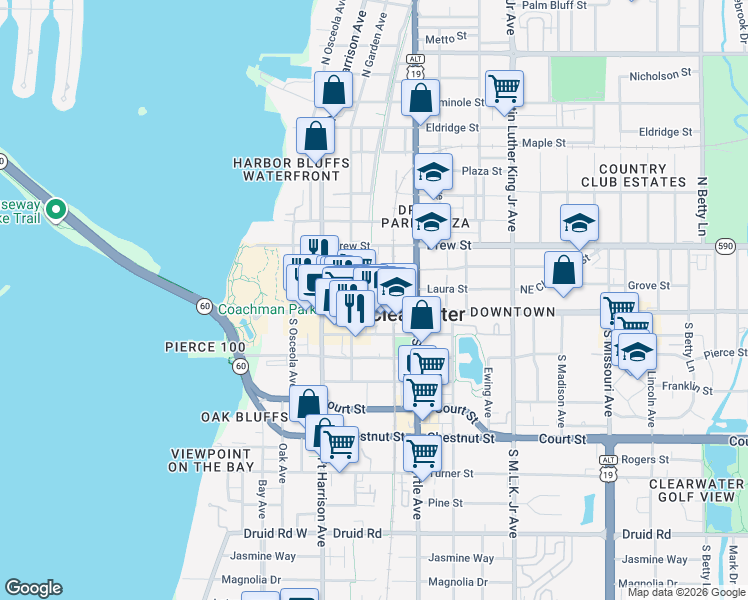 map of restaurants, bars, coffee shops, grocery stores, and more near 628 Cleveland Street in Clearwater