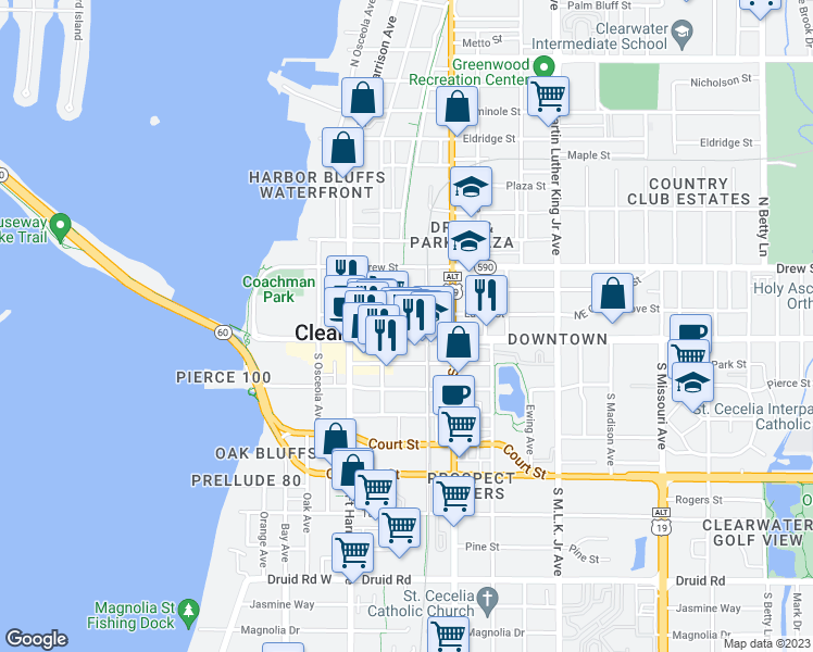 map of restaurants, bars, coffee shops, grocery stores, and more near in Clearwater