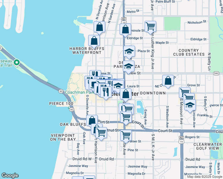 map of restaurants, bars, coffee shops, grocery stores, and more near 628 Cleveland Street in Clearwater