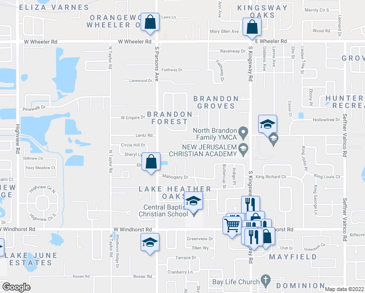 map of restaurants, bars, coffee shops, grocery stores, and more near Parsons Woods Drive in Seffner