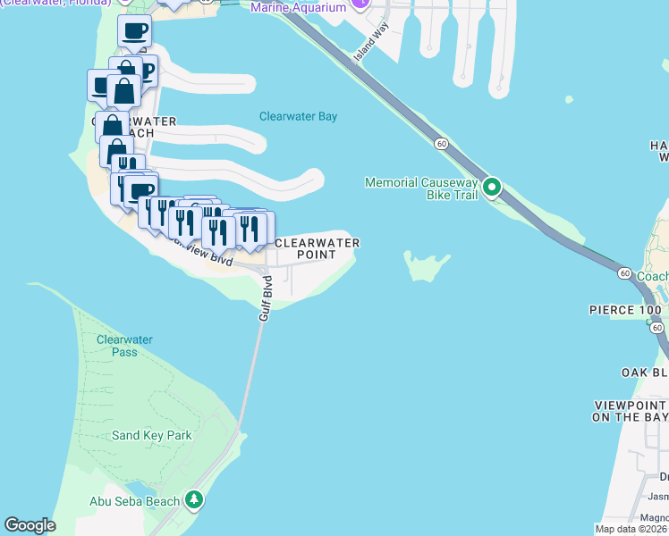 map of restaurants, bars, coffee shops, grocery stores, and more near 887 South Gulfview Boulevard in Clearwater