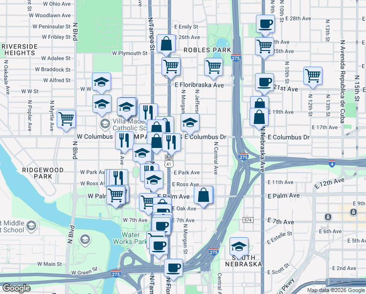 map of restaurants, bars, coffee shops, grocery stores, and more near 2402 North Morgan Street in Tampa