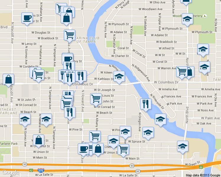 map of restaurants, bars, coffee shops, grocery stores, and more near 1901 West Saint Joseph Street in Tampa