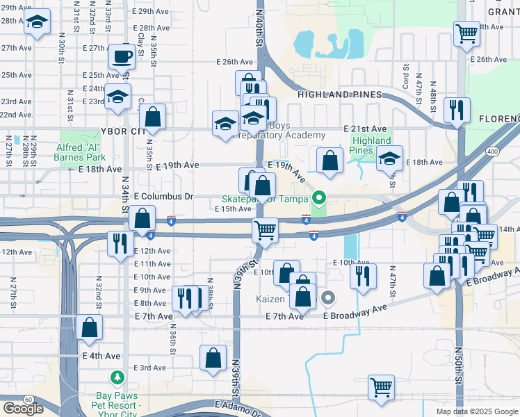 map of restaurants, bars, coffee shops, grocery stores, and more near 3919 East 15th Avenue in Tampa