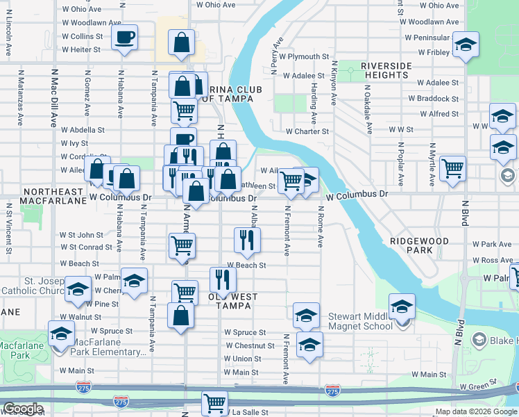 map of restaurants, bars, coffee shops, grocery stores, and more near 2901 North Albany Avenue in Tampa
