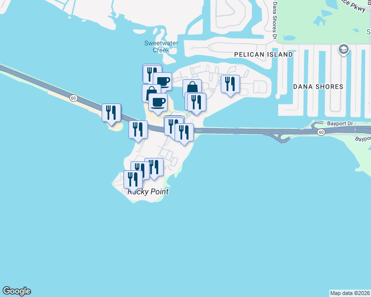 map of restaurants, bars, coffee shops, grocery stores, and more near 7616 West Courtney Campbell Causeway in Tampa