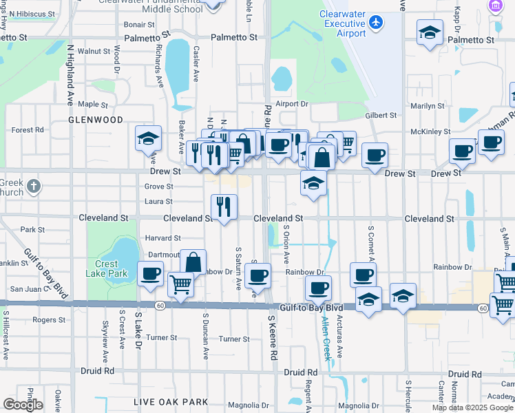 map of restaurants, bars, coffee shops, grocery stores, and more near 6 North Mars Avenue in Clearwater