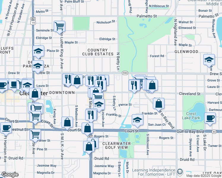 map of restaurants, bars, coffee shops, grocery stores, and more near 1252 Cleveland Street in Clearwater