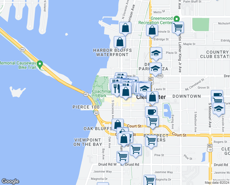 map of restaurants, bars, coffee shops, grocery stores, and more near 320 Cleveland Street in Clearwater